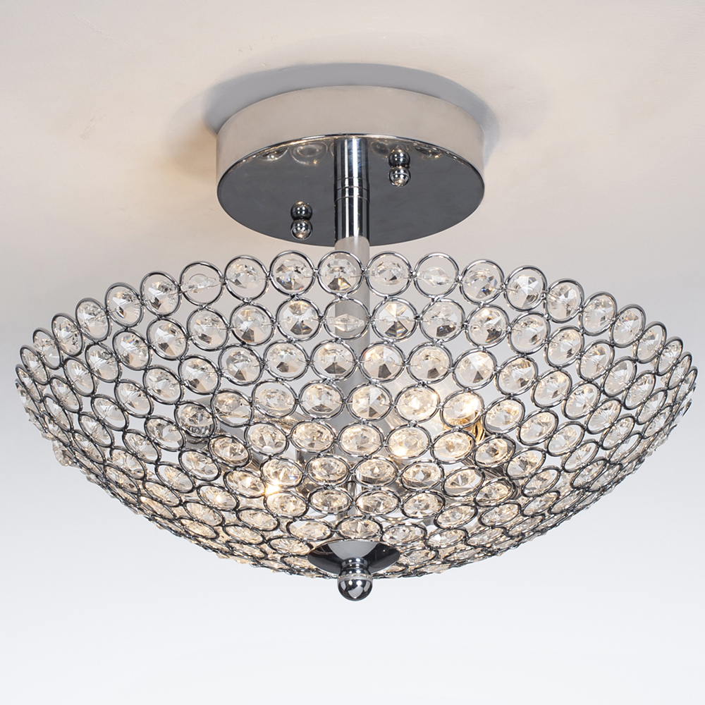Elegant 2 Light Bowl Shaped Chrome Finish Metal Crystal Chandelier ,Flush Mount Ceiling Light Fixture