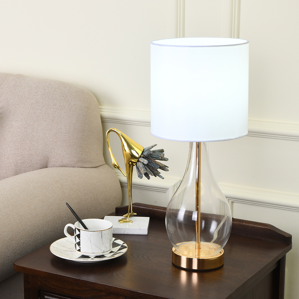 Modern Brass Gold Metal Base Bedside Elegant Table Lamp, Small Table Lamps with White TC Fabric Lampshade for Bedroom Living Room Office