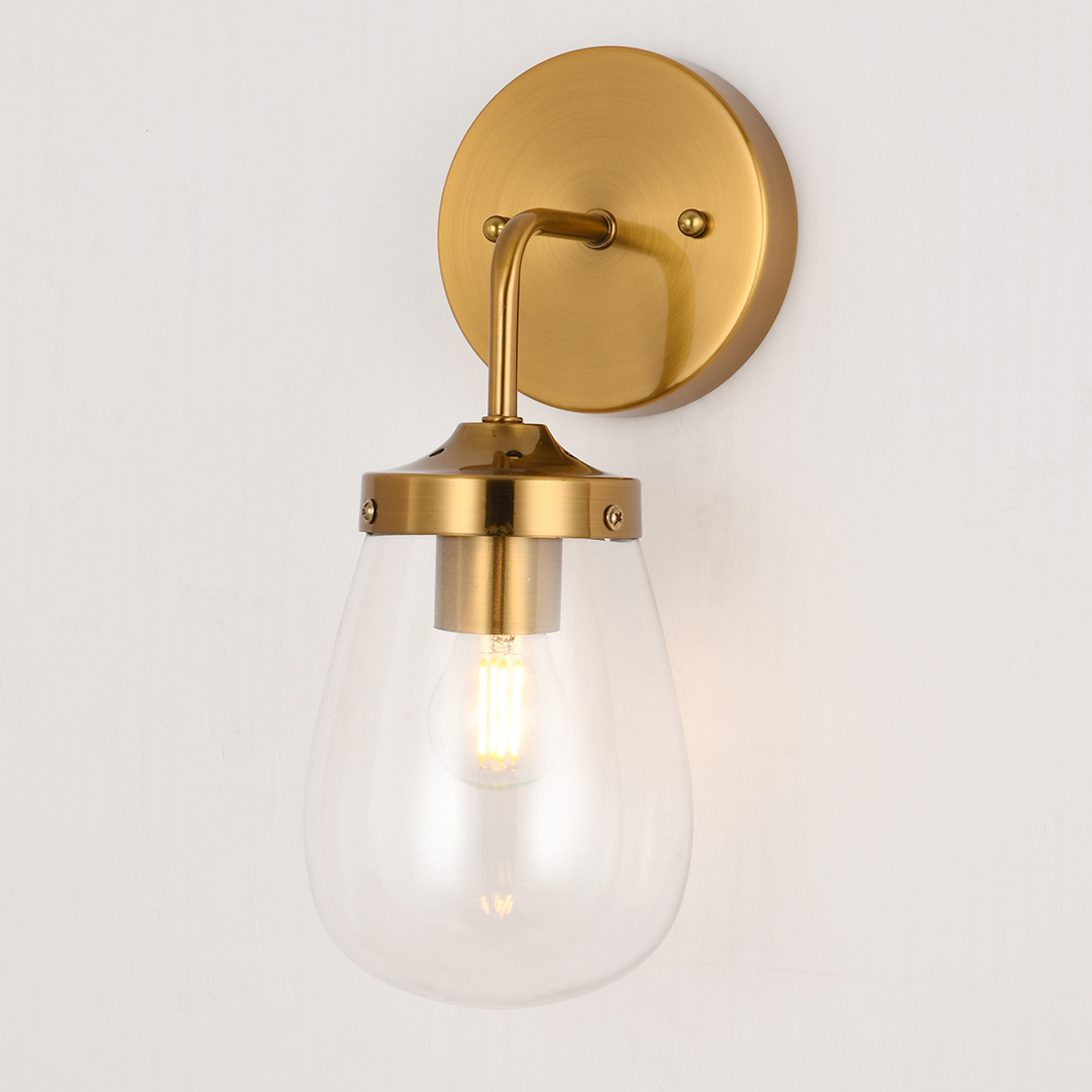 Modern 1-Light Clear Glass Shade Metal Brass Gold Wall Sconce, Vintage Lamp Wall Mount Light Fixtures for Bedroom Bathroom Entry Living Room